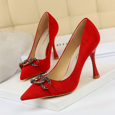 Pantofi moderni de dama cu toc inalt cu element metalic si pietre in mai multe culori