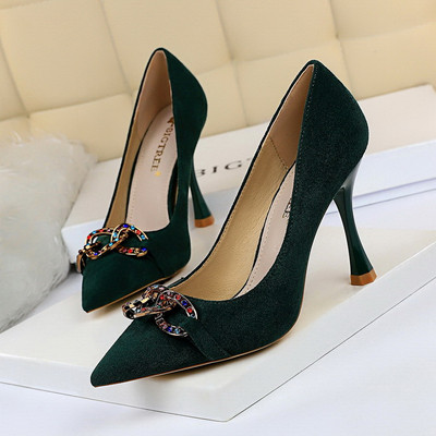 Pantofi moderni de dama cu toc inalt cu element metalic si pietre in mai multe culori