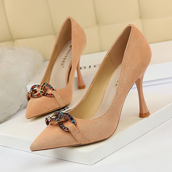 Pantofi moderni de dama cu toc inalt cu element metalic si pietre in mai multe culori