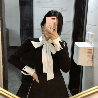 Bluza de dama eleganta cu panglica pe decolteu in alb si negru