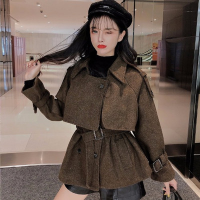 Palton scurt de dama de primavara-toamna cu curea in doua culori