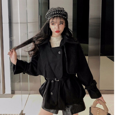 Palton scurt de dama de primavara-toamna cu curea in doua culori