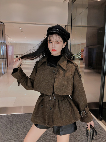 Palton scurt de dama de primavara-toamna cu curea in doua culori