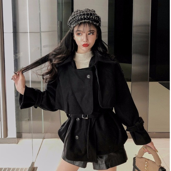 Palton scurt de dama de primavara-toamna cu curea in doua culori