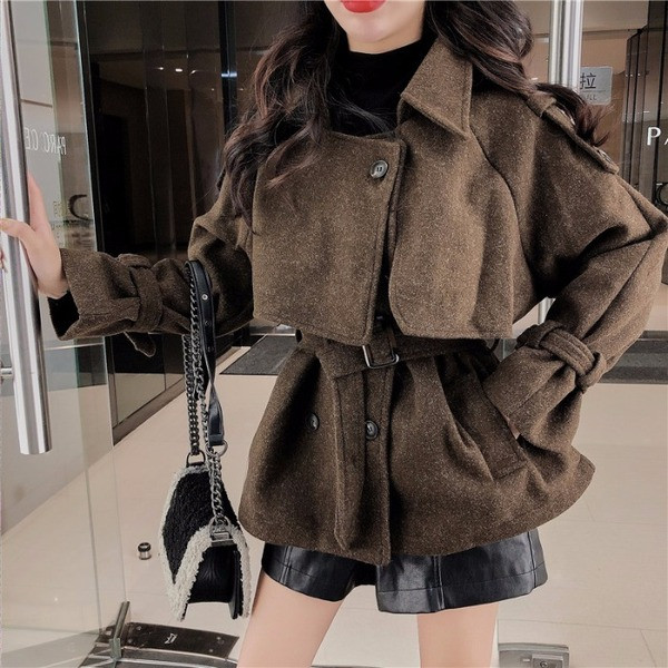 Palton scurt de dama de primavara-toamna cu curea in doua culori