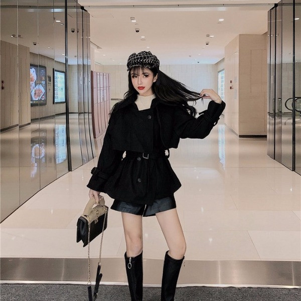 Palton scurt de dama de primavara-toamna cu curea in doua culori