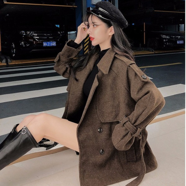 Palton scurt de dama de primavara-toamna cu curea in doua culori