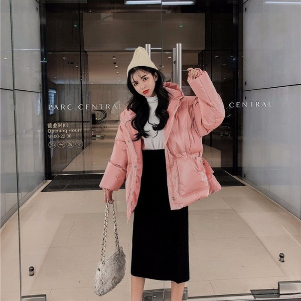 Geaca de iarna de dama roz cu gluga si buzunare