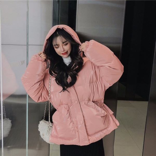 Geaca de iarna de dama roz cu gluga si buzunare