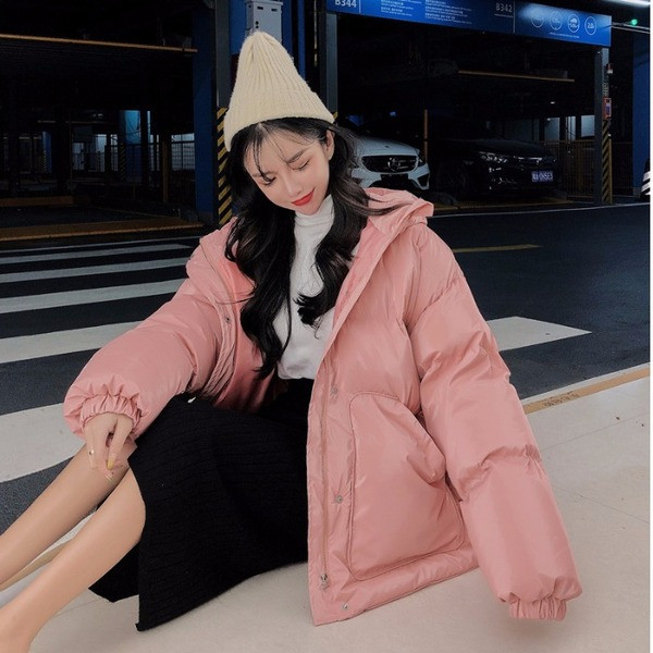 Geaca de iarna de dama roz cu gluga si buzunare