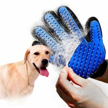 Ръкавици тип четка за премахване на козина подходящи за кучета и котки в син цвят 