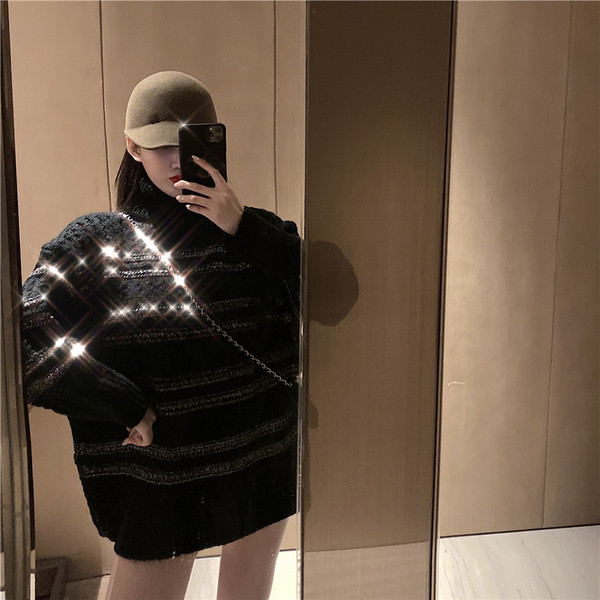 Pulover lung și gros cu guler polo cu efect strălucitor