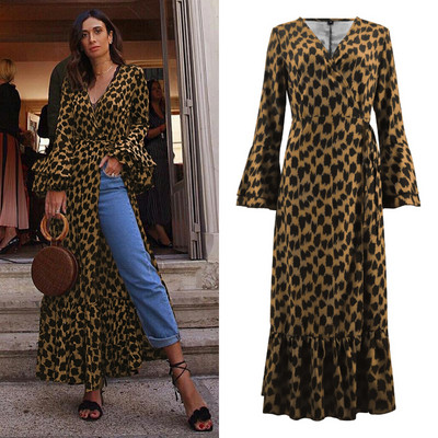 Rochie moderna de dama lunga cu cravate si model animal in patru culori