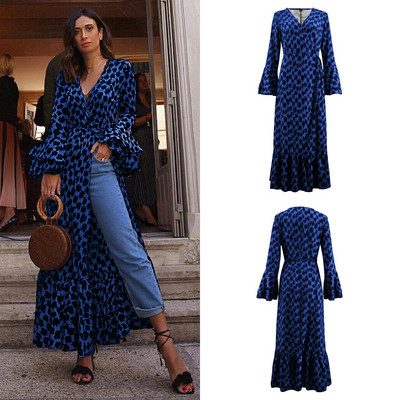 Rochie moderna de dama lunga cu cravate si model animal in patru culori