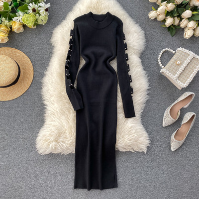 Γυναικείο φόρεμα με πέρλες στα μανίκια και στρογγυλη λαιμόκοψη σε διάφορα χρώματα