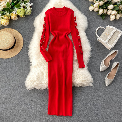 Γυναικείο φόρεμα με πέρλες στα μανίκια και στρογγυλη λαιμόκοψη σε διάφορα χρώματα