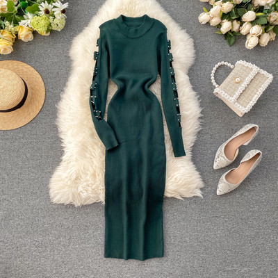 Γυναικείο φόρεμα με πέρλες στα μανίκια και στρογγυλη λαιμόκοψη σε διάφορα χρώματα