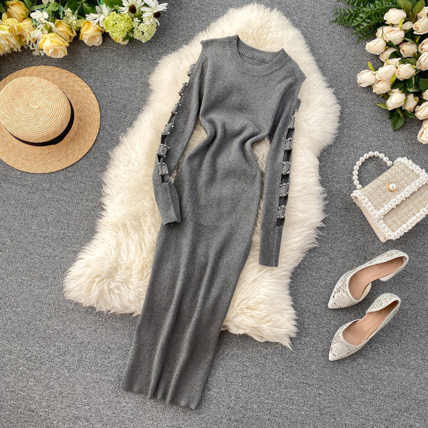 Γυναικείο φόρεμα με πέρλες στα μανίκια και στρογγυλη λαιμόκοψη σε διάφορα χρώματα