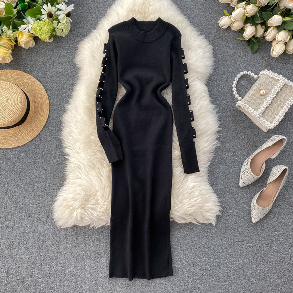 Γυναικείο φόρεμα με πέρλες στα μανίκια και στρογγυλη λαιμόκοψη σε διάφορα χρώματα