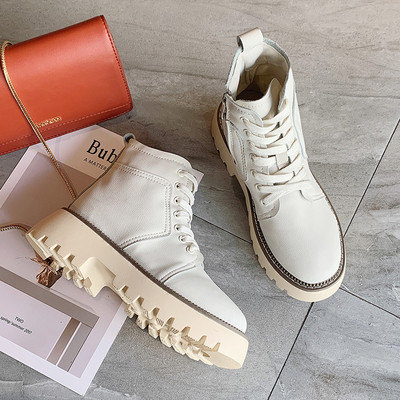 Cizme casual de dama din piele cu talpa inalta in alb-negru