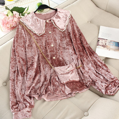 Γυναικείο καθημερινό πουκάμισο με κουμπιά και πέρλες από  βελούδο σε διάφορα χρώματα