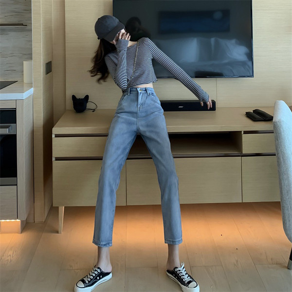 Blugi casual de dama de culoare deschisa si talie inalta