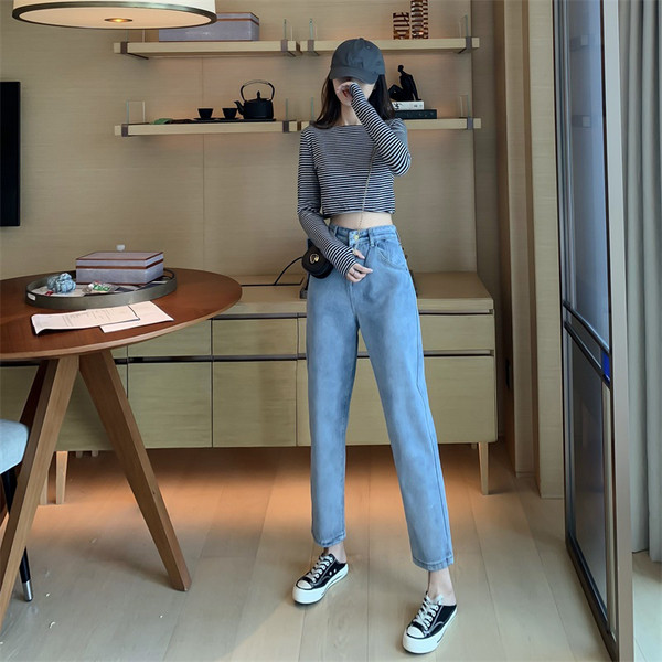 Blugi casual de dama de culoare deschisa si talie inalta