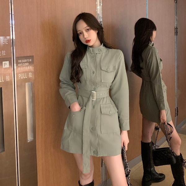 Női ruha típusú ing zöld színben övvel és zsebekkel