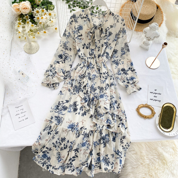 Rochie de dama cu model floral si panglica in trei culori