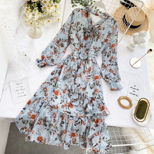 Rochie de dama cu model floral si panglica in trei culori