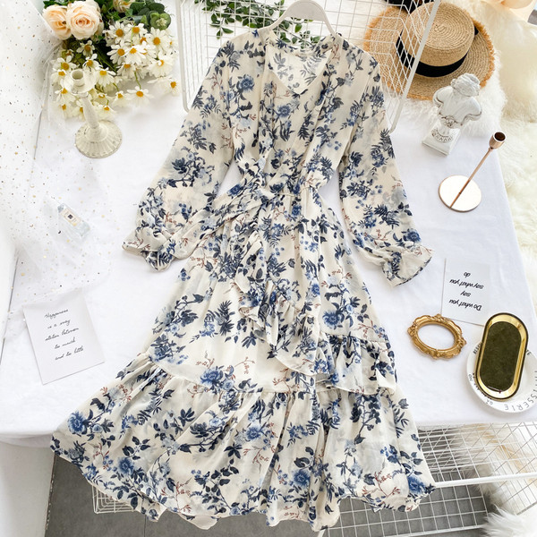 Rochie de dama cu model floral si panglica in trei culori