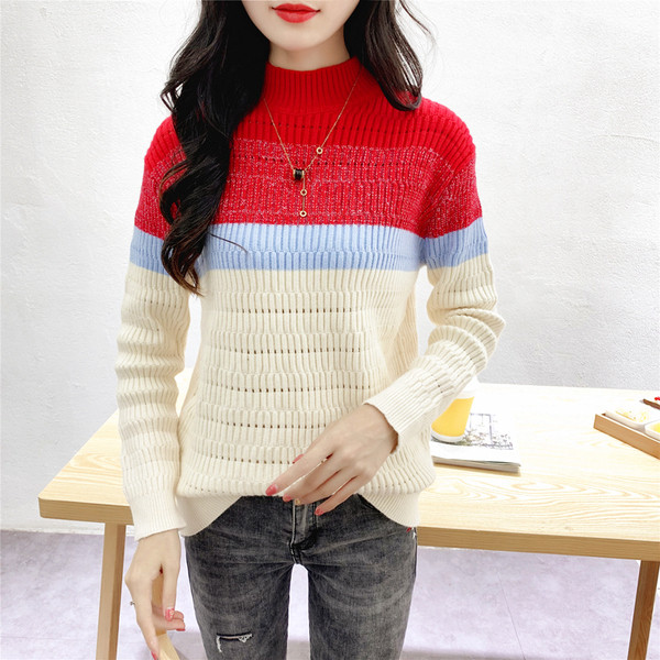 Model nou de pulover de dama cu guler polo in rosu, albastru si negru