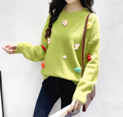 Pulover de dama model nou cu element 3D si decolteu O in galben, alb, verde si negru