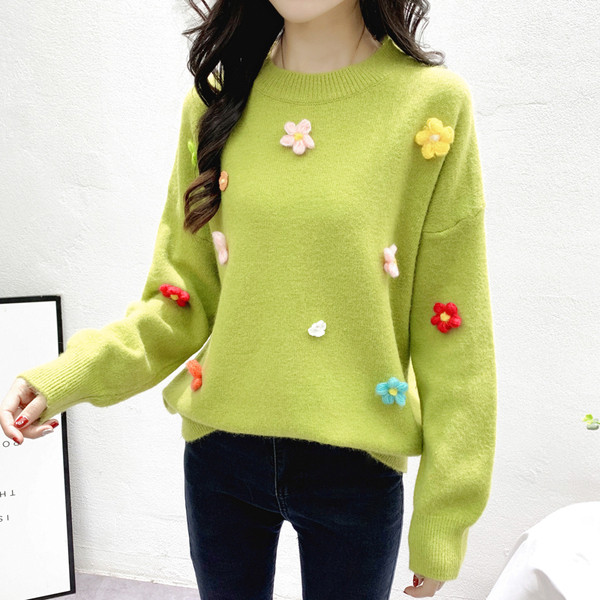 Pulover de dama model nou cu element 3D si decolteu O in galben, alb, verde si negru