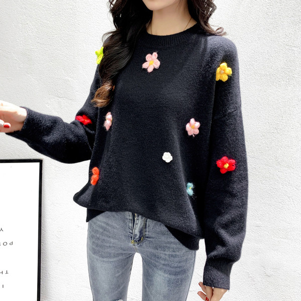 Pulover de dama model nou cu element 3D si decolteu O in galben, alb, verde si negru