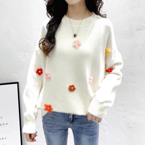 Pulover de dama model nou cu element 3D si decolteu O in galben, alb, verde si negru