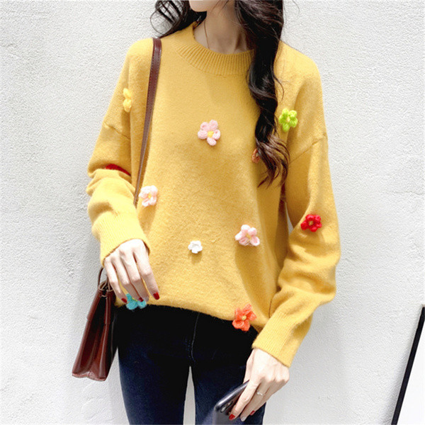 Pulover de dama model nou cu element 3D si decolteu O in galben, alb, verde si negru