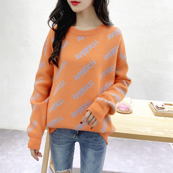 Pulover de dama modern cu decolteu in O - model larg in roz, verde si portocaliu