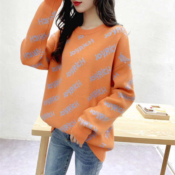 Pulover de dama modern cu decolteu in O - model larg in roz, verde si portocaliu