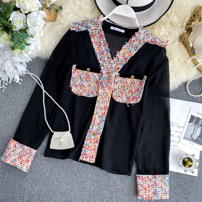 Cămașă de damă cu decolteu spitz și buzunar în trei culori