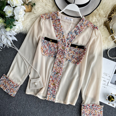 Cămașă de damă cu decolteu spitz și buzunar în trei culori