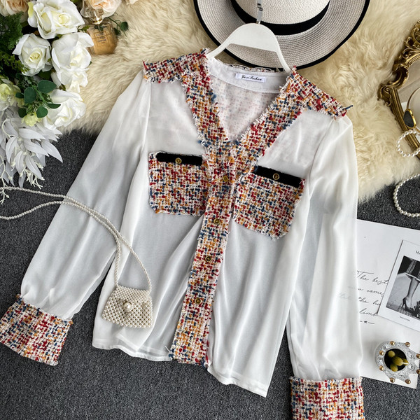 Cămașă de damă cu decolteu spitz și buzunar în trei culori