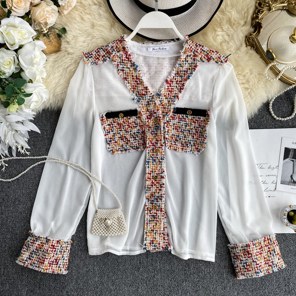 Cămașă de damă cu decolteu spitz și buzunar în trei culori