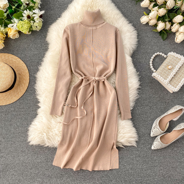 Rochie casual de dama cu curea si guler inalt in mai multe culori