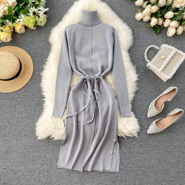 Rochie casual de dama cu curea si guler inalt in mai multe culori