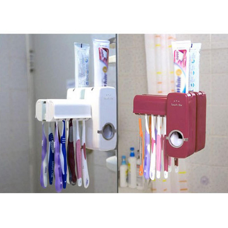 Automatic toothpaste dispenser with stand for five brushes in red and white