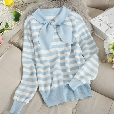 Дамски раиран пуловер с панделка в няколко цвята