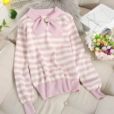 Дамски раиран пуловер с панделка в няколко цвята