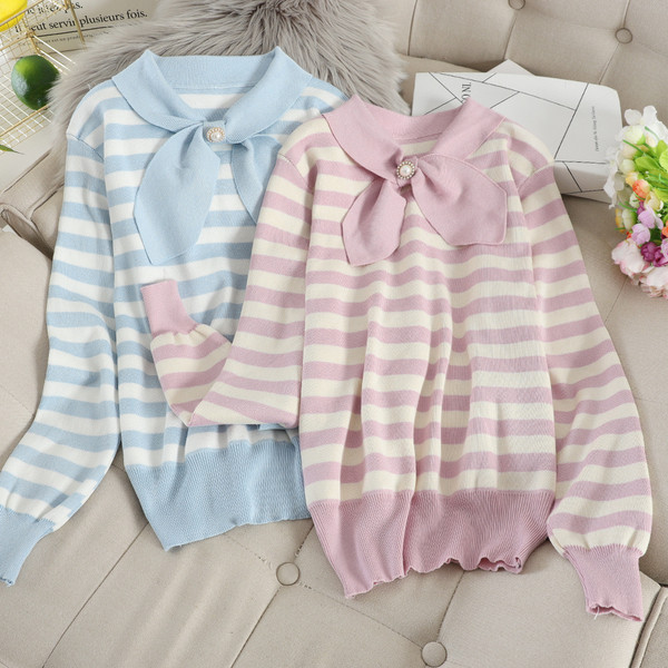 Дамски раиран пуловер с панделка в няколко цвята