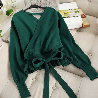 Pulover elegant de dama cu decolteu spitz si cravate in mai multe culori